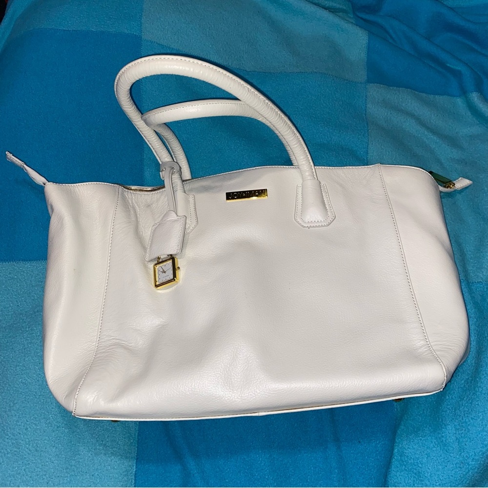Joy & Iman Large White Leather Tote Purse with Gold Satin Lining